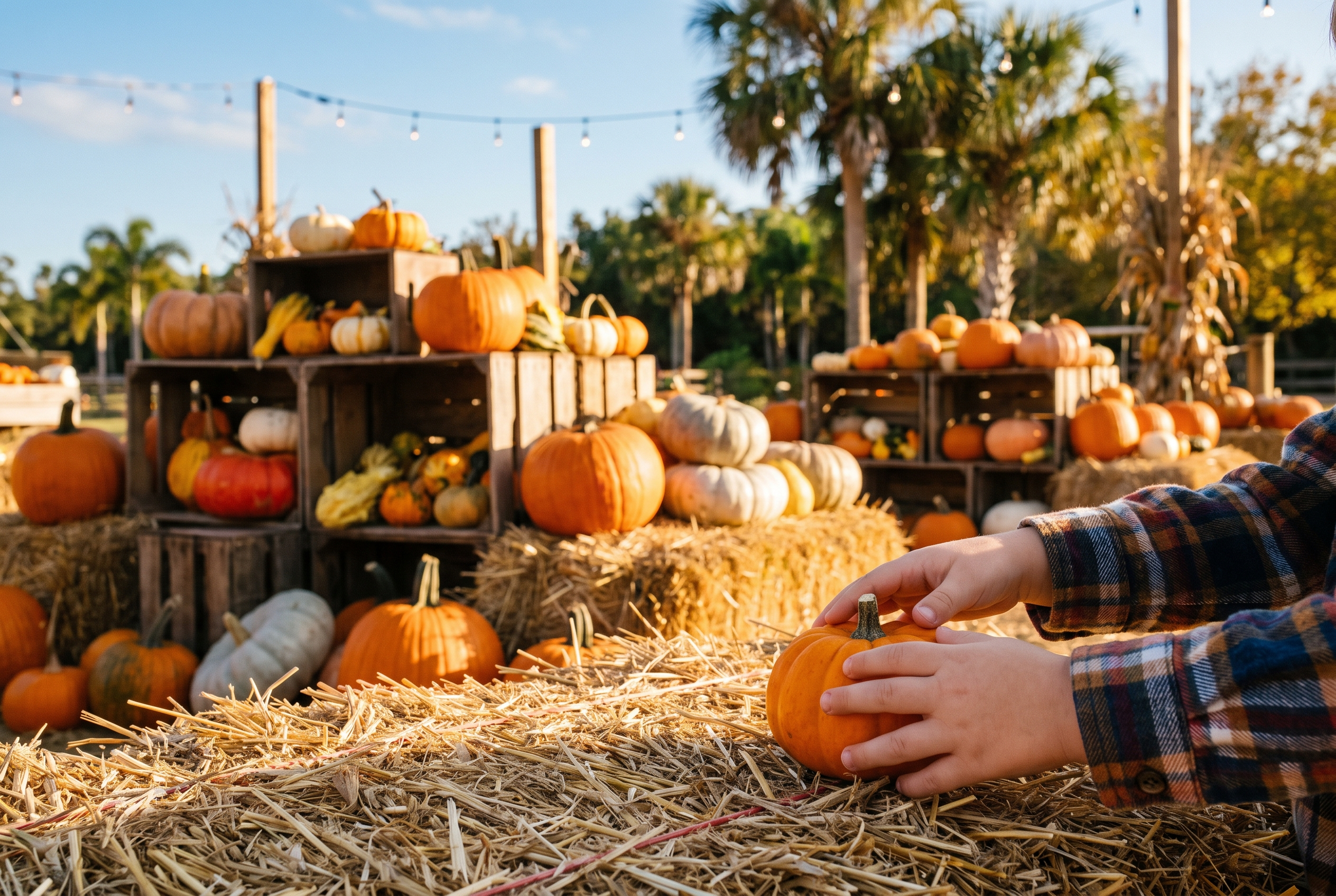 A sunny Central Florida pumpkin patch with piles of orange pumpkins on hay bales and a little kid reaching for one