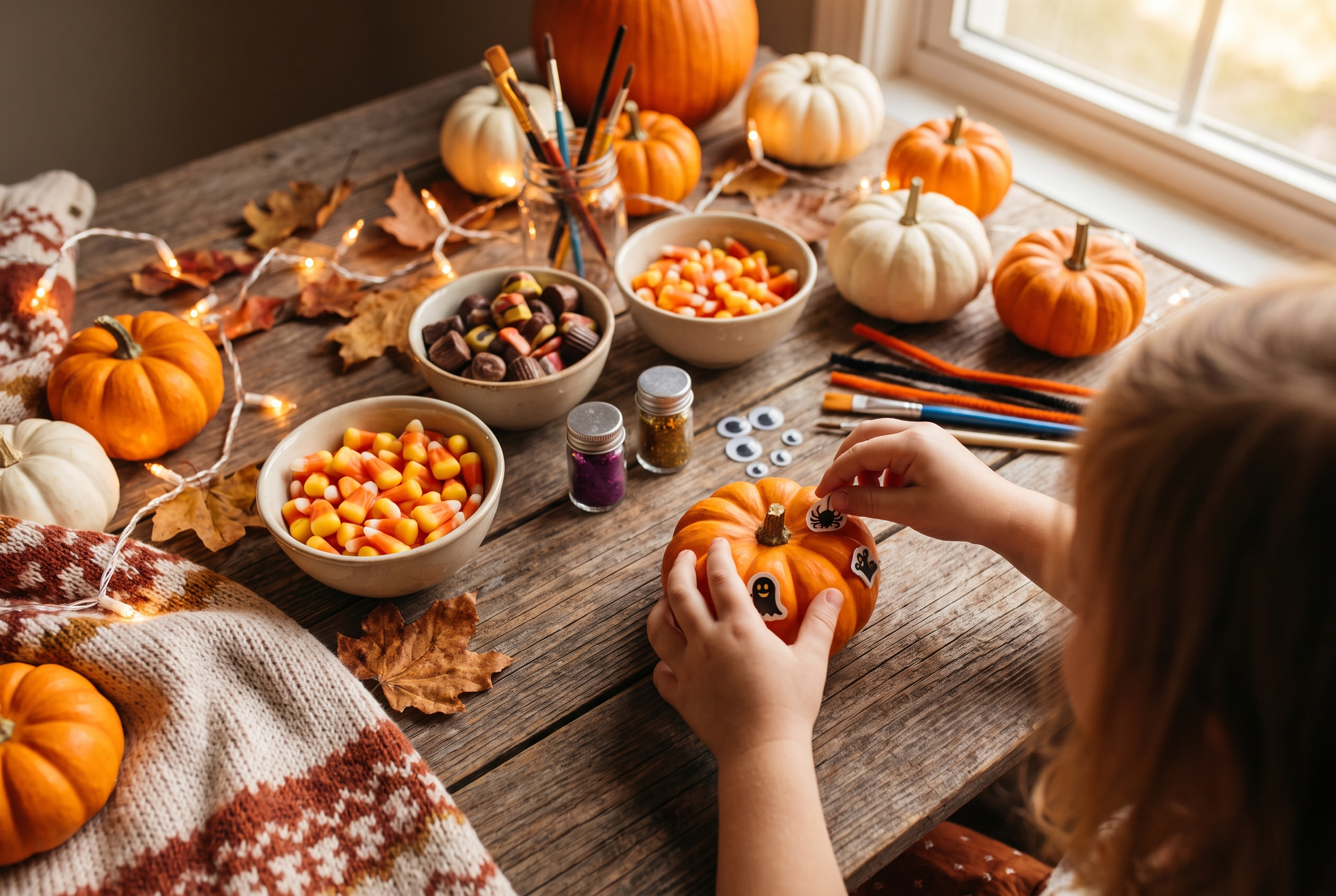 A cozy table with little kids decorating pumpkins, candy bowls, mini costumes, and fall decor