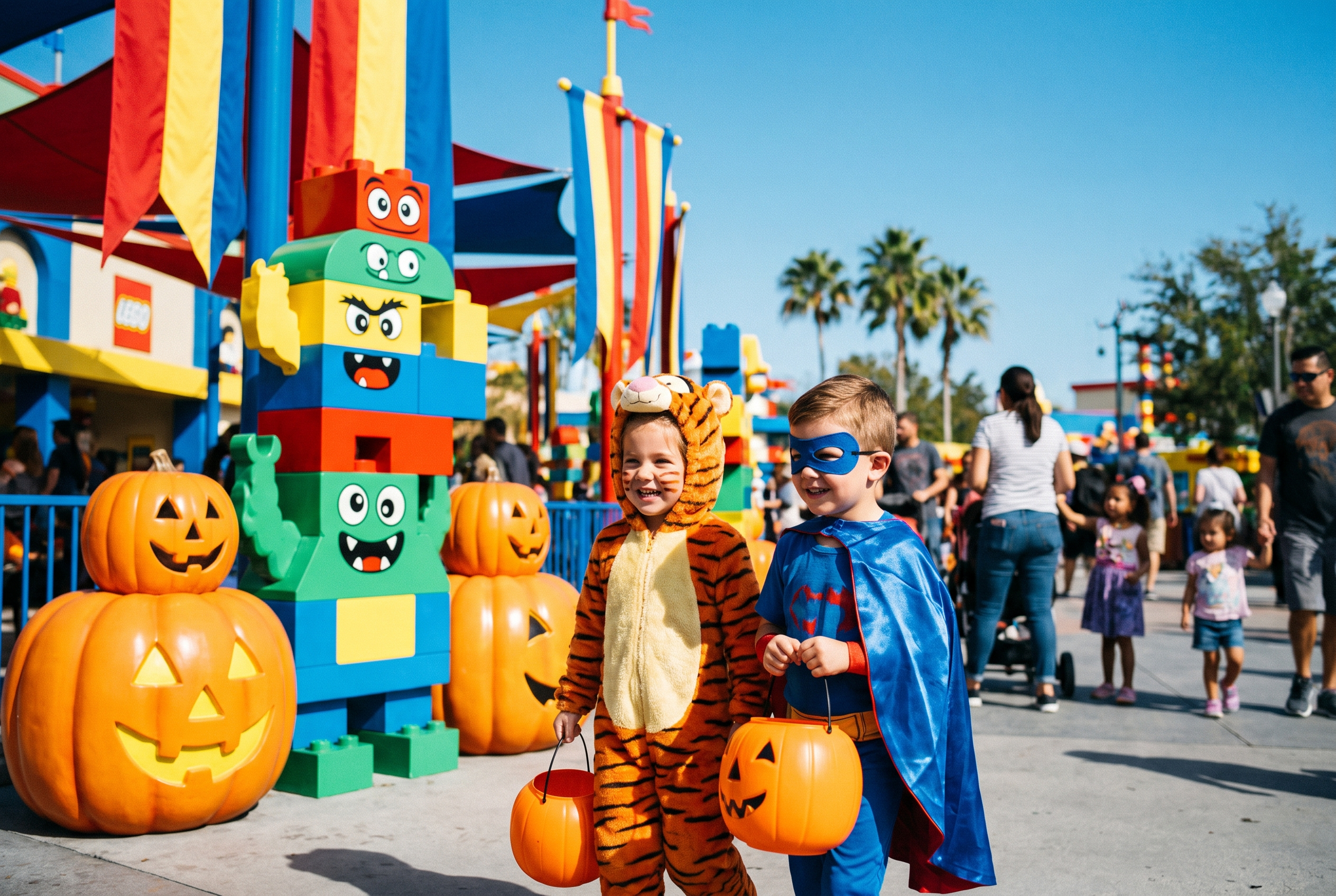 Little kids in costume trick-or-treating past playful monster decorations at a colorful kids theme park