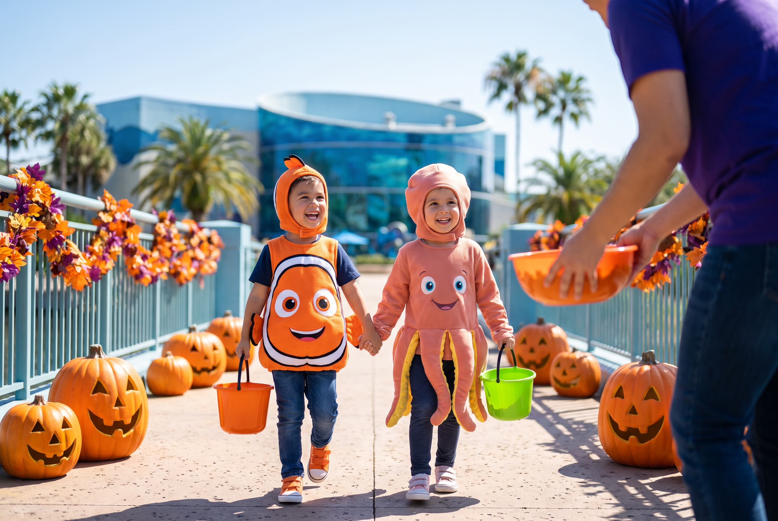 Little kids in costume trick-or-treating on a sunny walkway with friendly pumpkins at a marine theme park