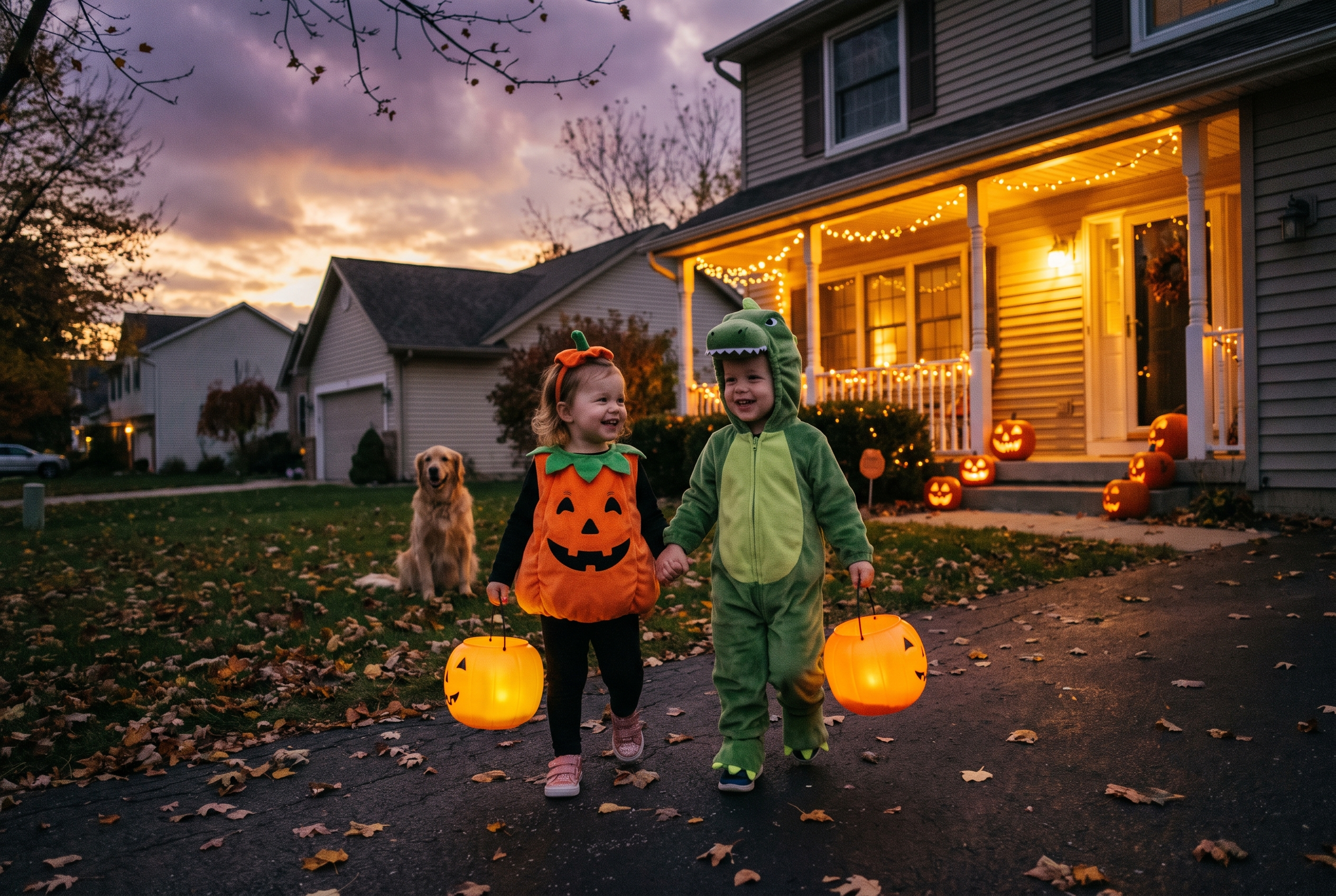 Toddlers in cute costumes with light-up pumpkin buckets walking up a driveway at dusk on Halloween