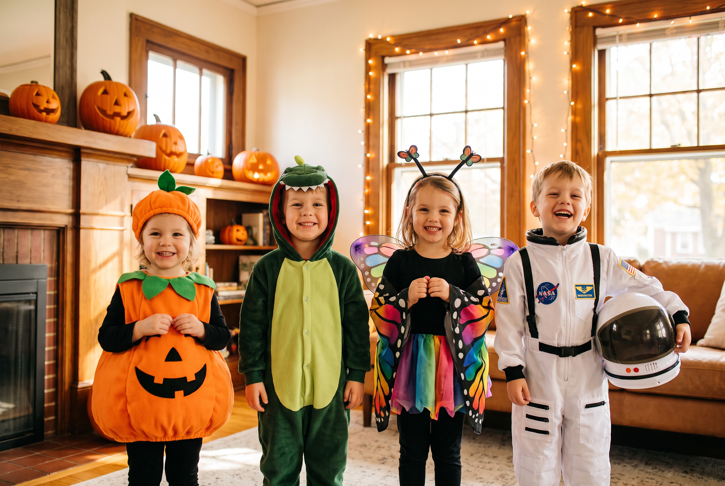 A lineup of little kids in cute non-scary Halloween costumes in a decorated living room