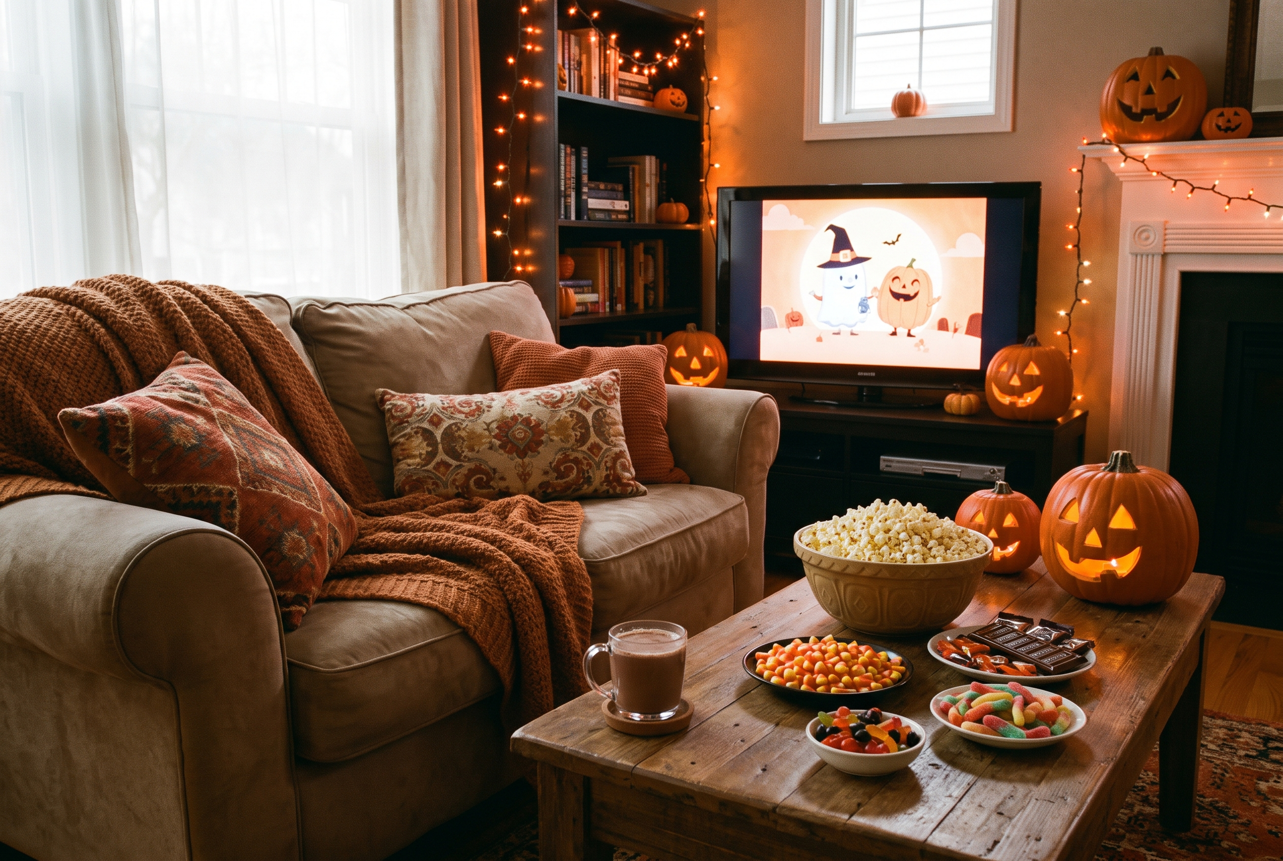 A cozy Halloween movie night setup with blankets, popcorn, candy, and pumpkins glowing by the TV