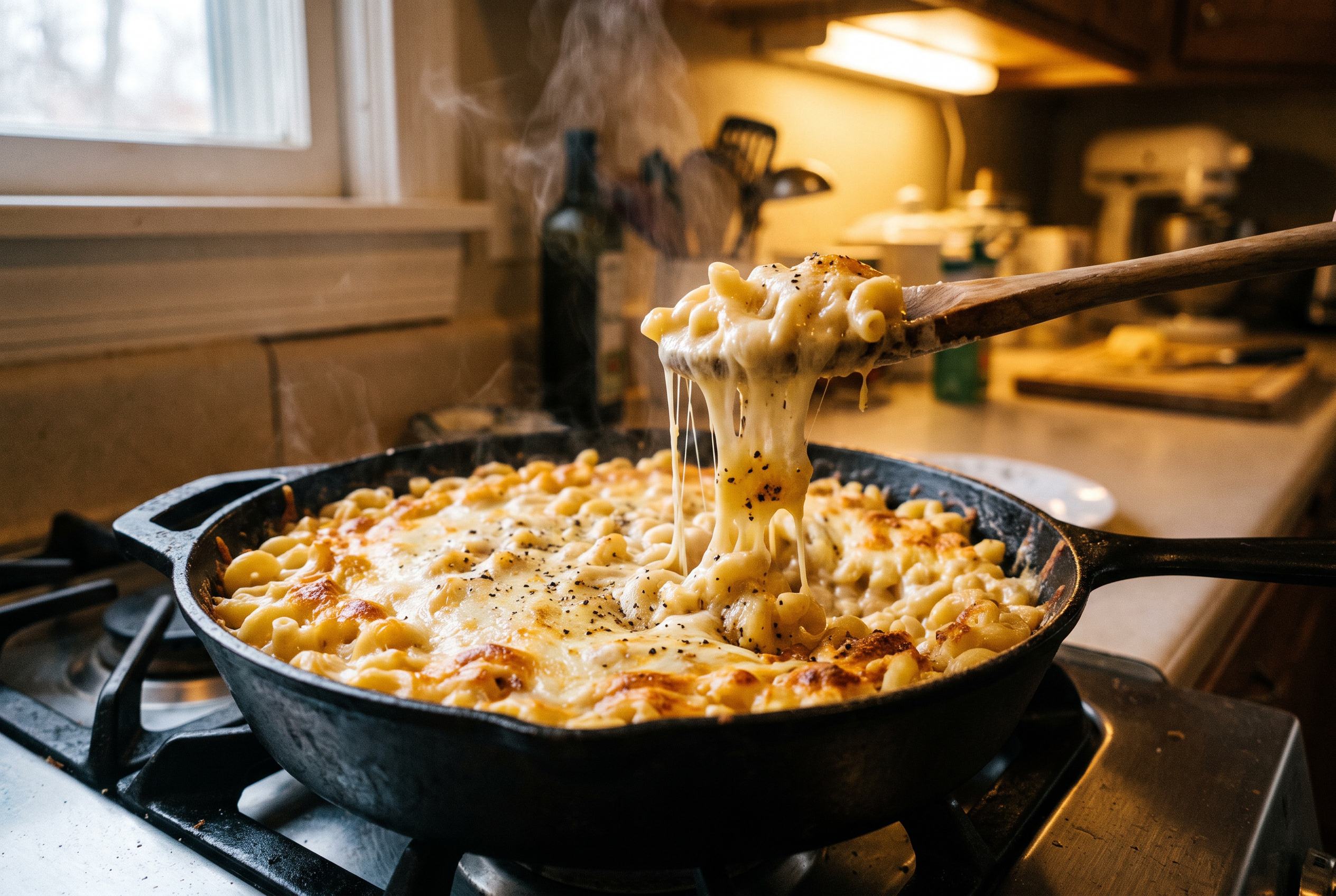 Creamy one-pot mac and cheese in a cast iron skillet with a cheese pull on a wooden spoon