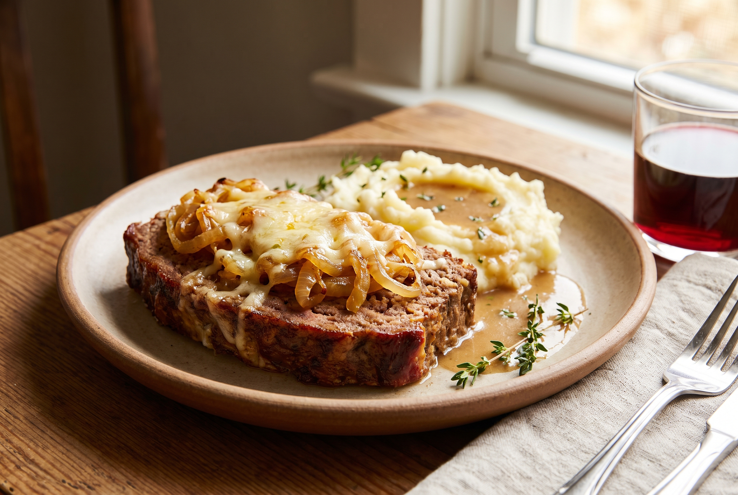 A French onion meatloaf topped with caramelized onions and melty gruyere on a wooden board, one slice cut