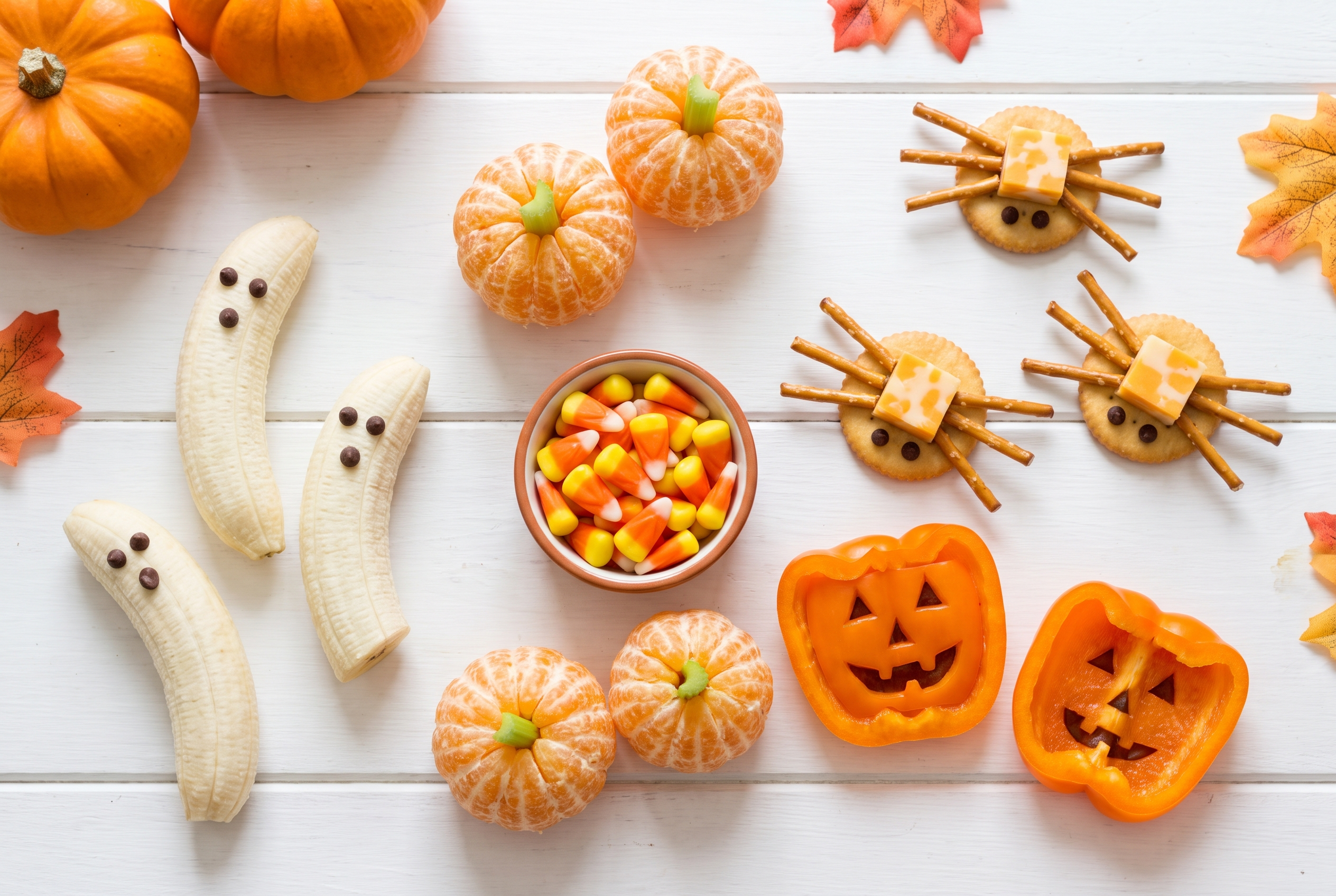 A cute spread of not-scary Halloween snacks for kids: banana ghosts, clementine pumpkins, cheese spiders, and candy corn
