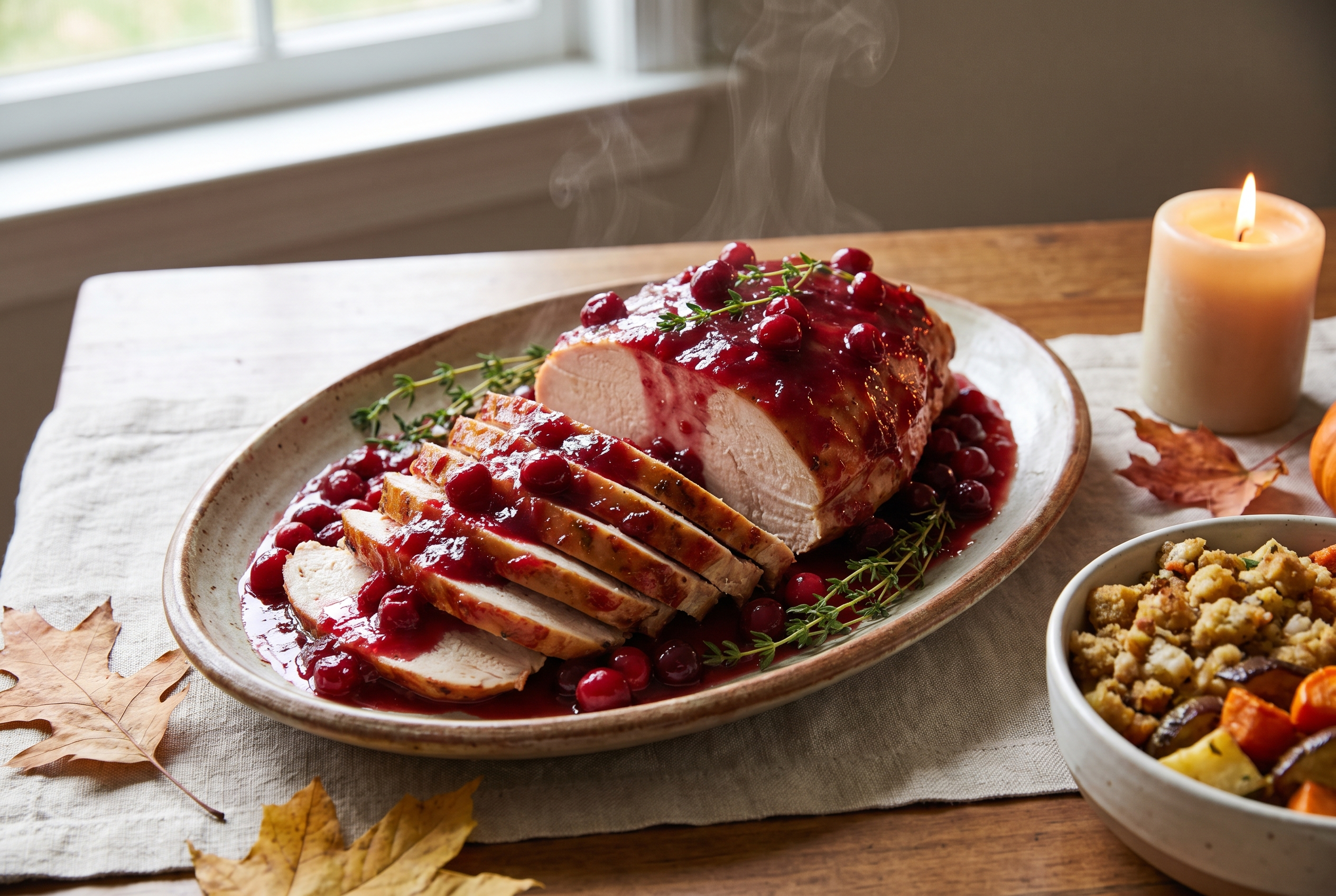 Sliced cranberry crockpot turkey breast glazed in ruby cranberry sauce with thyme on a platter