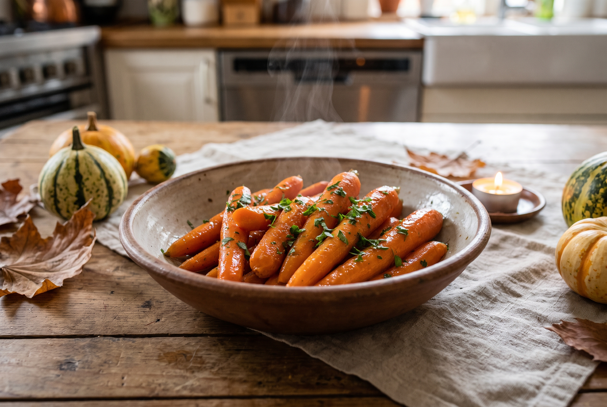 Tender honey-glazed carrots in a glossy honey-butter glaze with parsley in a serving dish