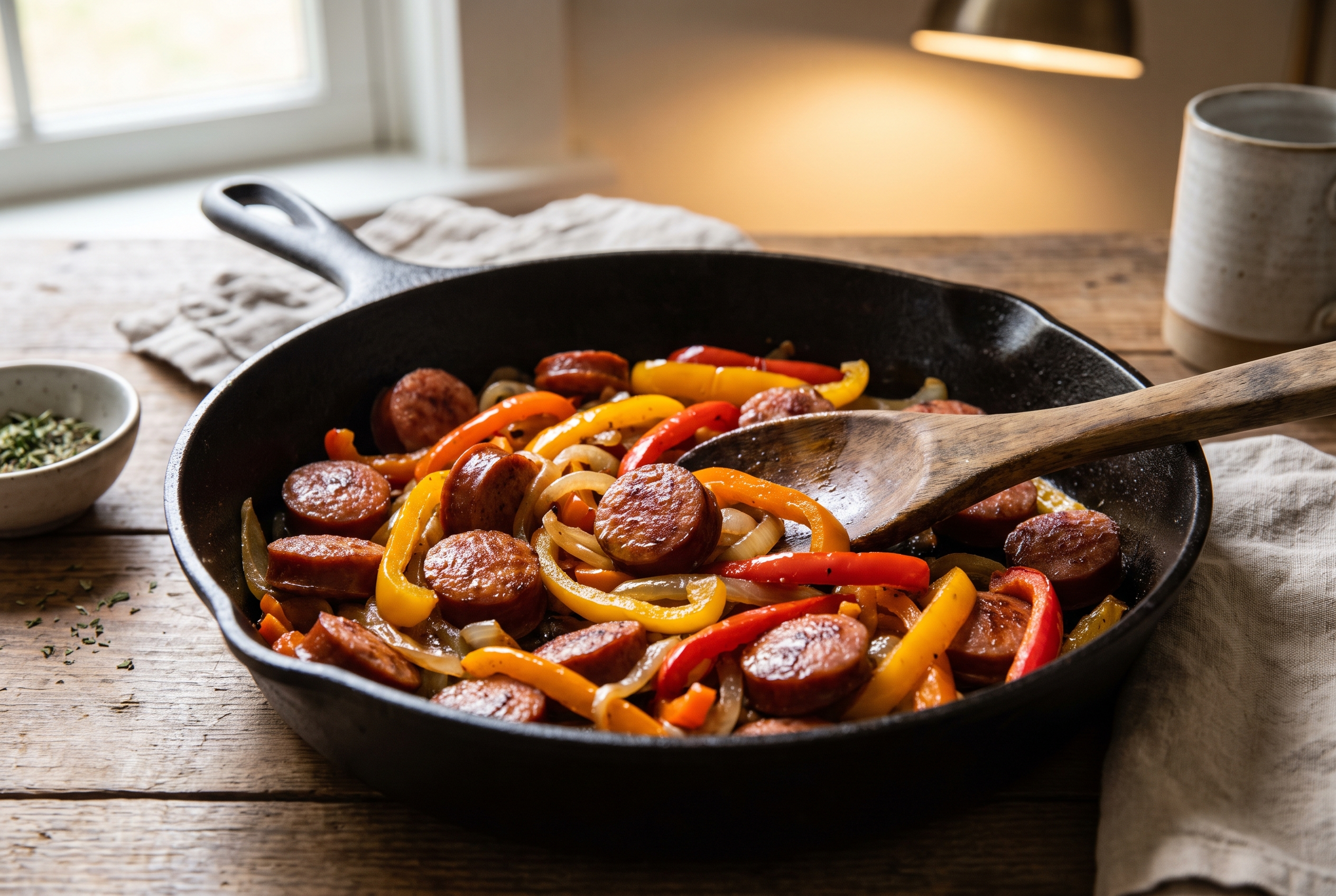 A cast iron skillet of browned kielbasa with sauteed bell peppers and onions