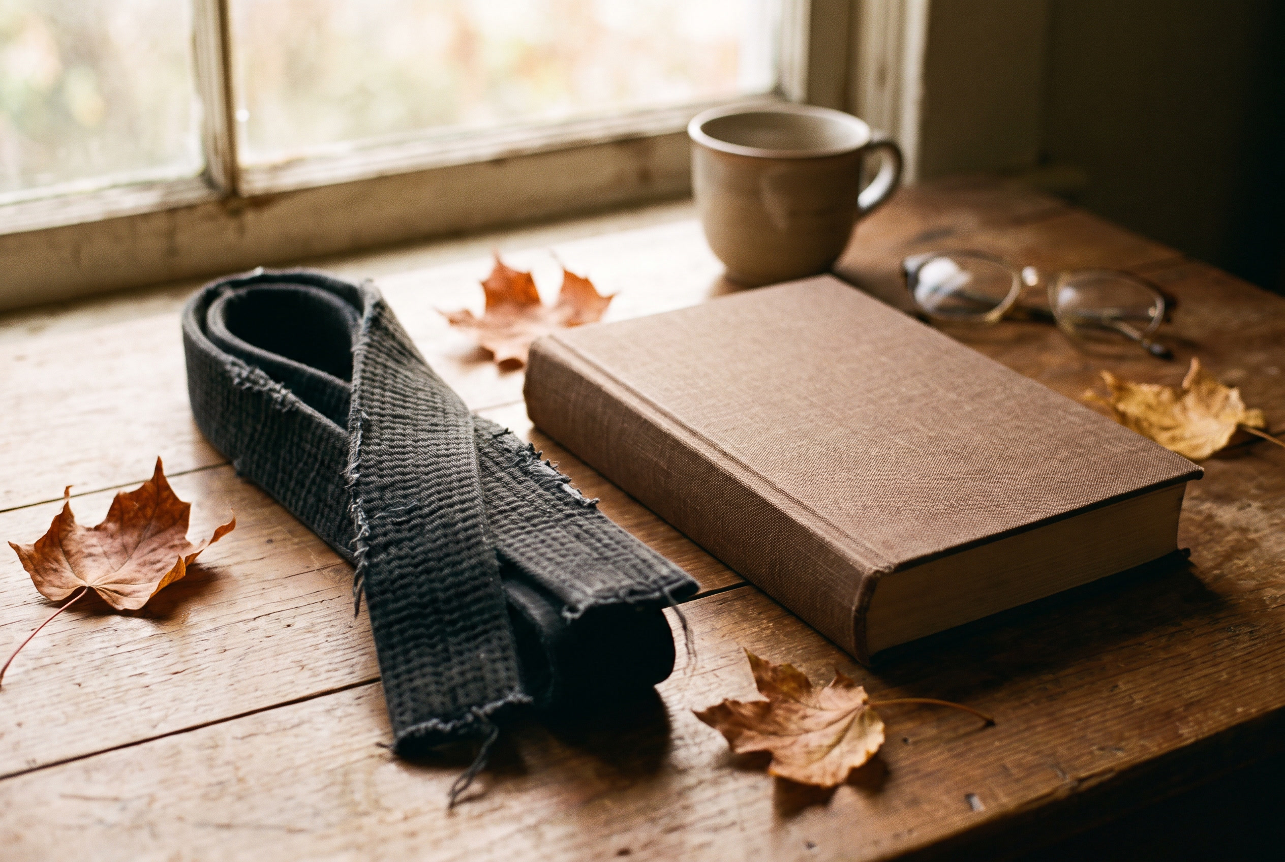 A folded black martial arts belt beside a closed book in warm golden light