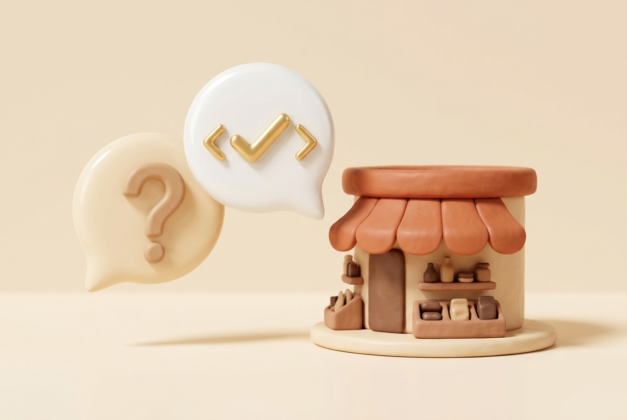 3D-winkeltje met twee tekstballonnen: een met een vraagteken en een met een gouden vinkje tussen codehaakjes — symbool voor machine-leesbare veelgestelde vragen.