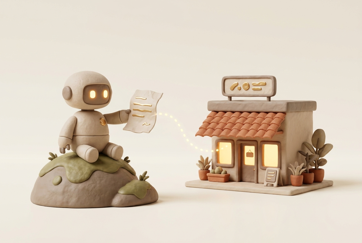 Vriendelijk 3D-robotje leest een zwevend document dat met een gouden stippellijn verbonden is aan een winkeltje — symbool voor llms.txt.