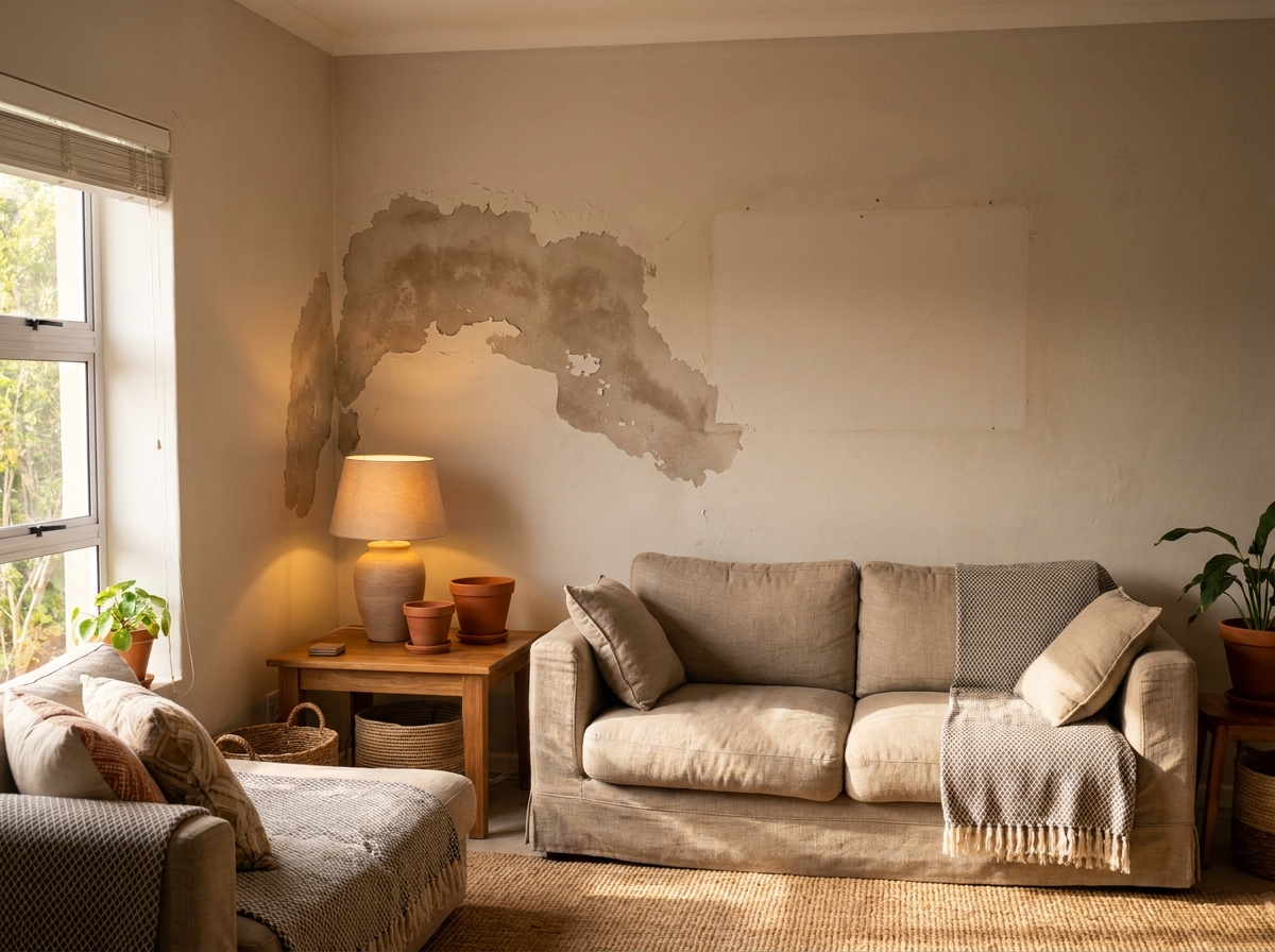 Damp damage spreading across a living-room wall
