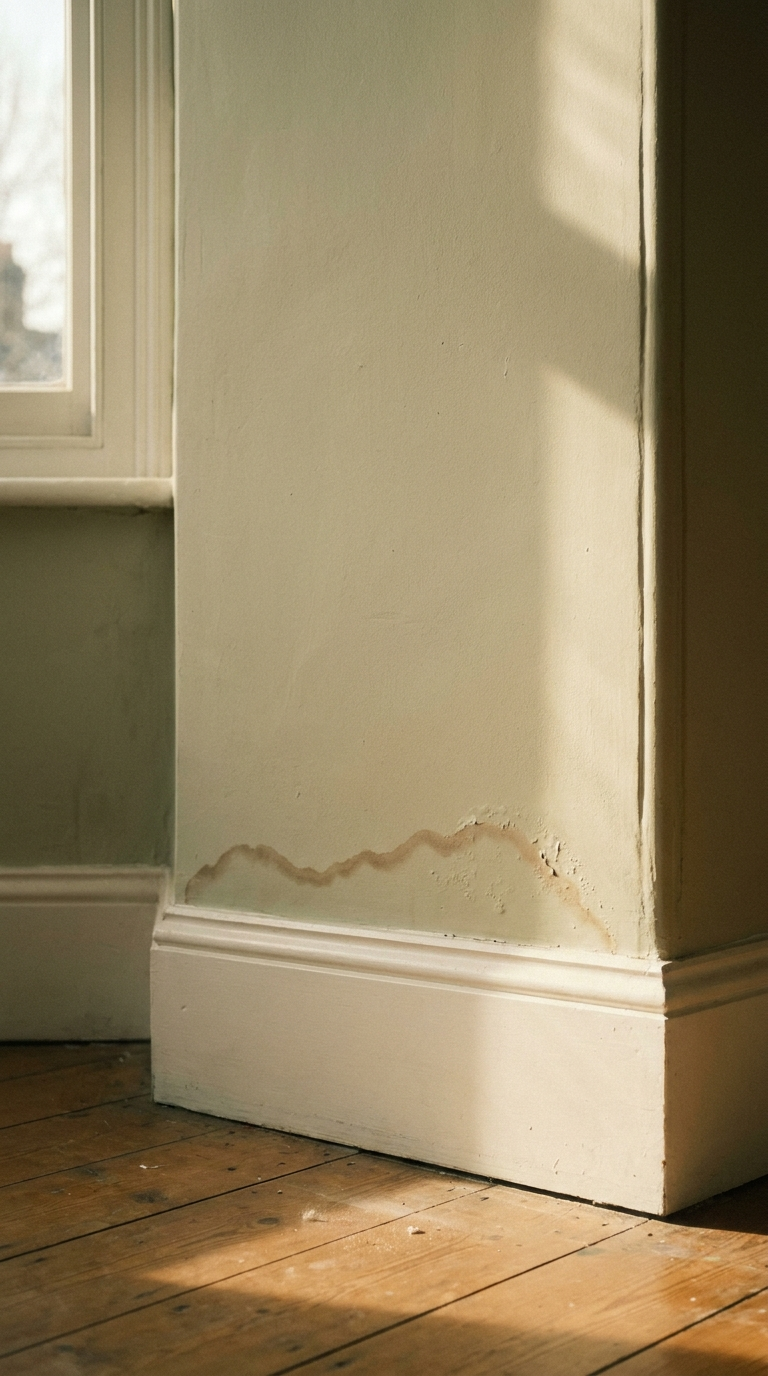 Paint bubbling and lifting over damp — a surface fix failing