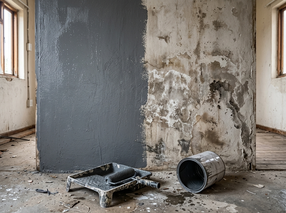 Half-finished wall and an empty tin — the job ran out of product