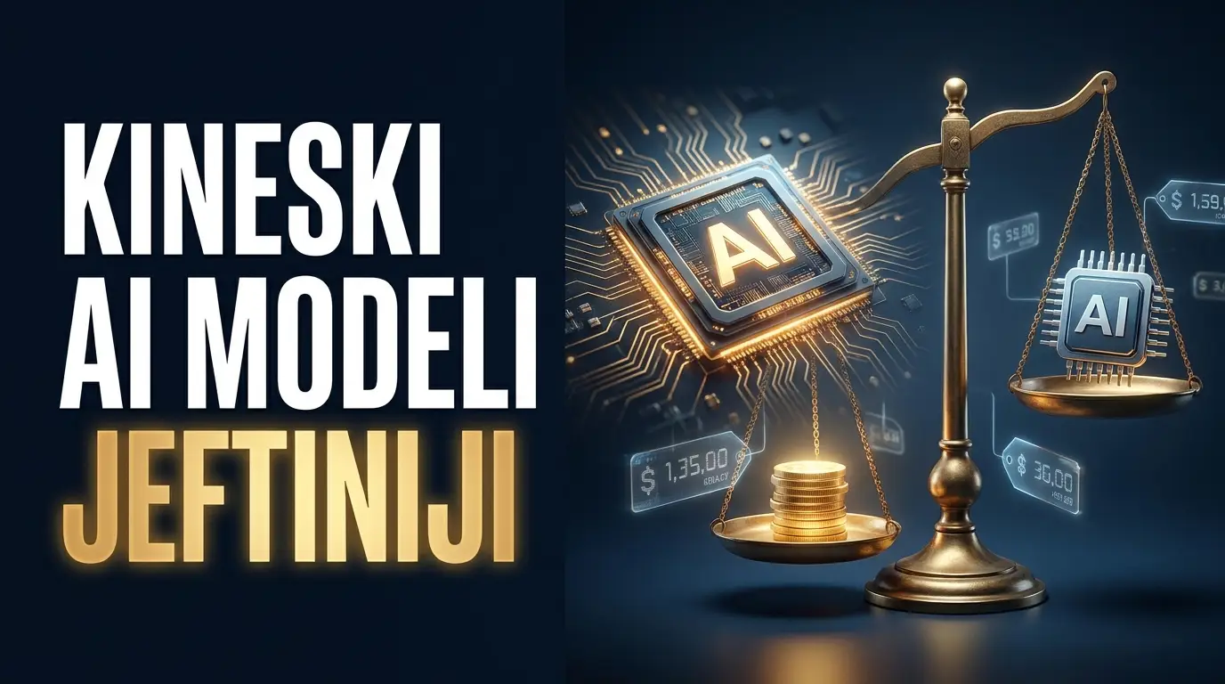 Poster sa natpisom kineski AI modeli jeftiniji, cip i vaga sa zlatnicima u plavim tonovima
