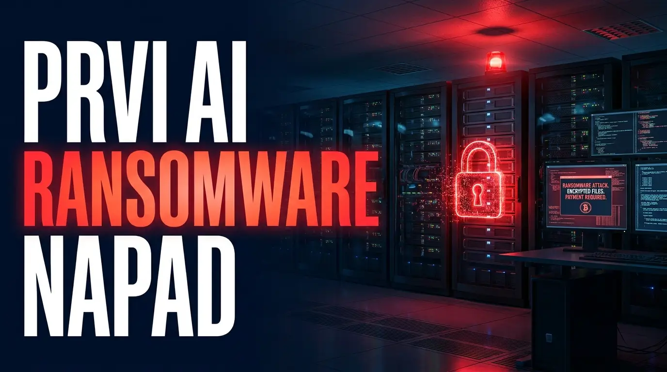 Ilustracija AI ransomware napada, tamna serverska soba sa crvenim katancem i kodom na ekranima