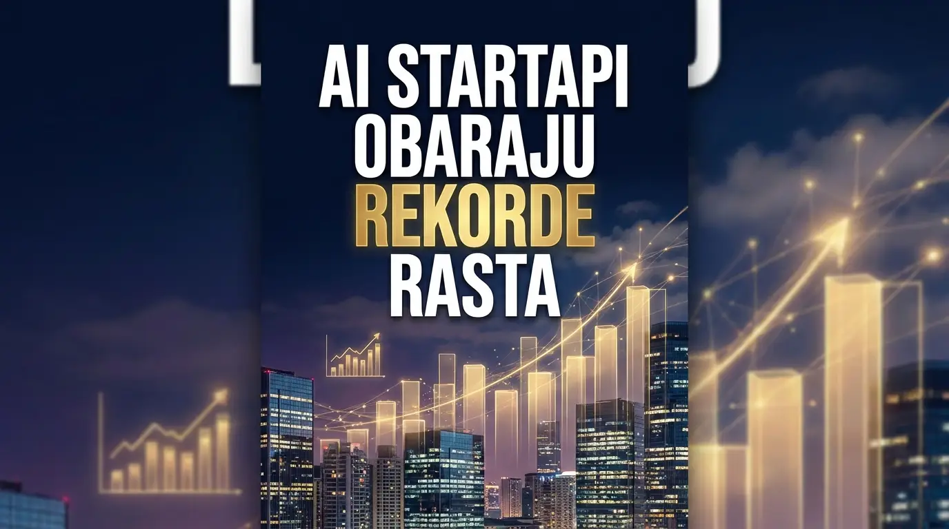Naslovna ilustracija: AI startapi obaraju rekorde rasta, zlatni grafikoni iznad grada