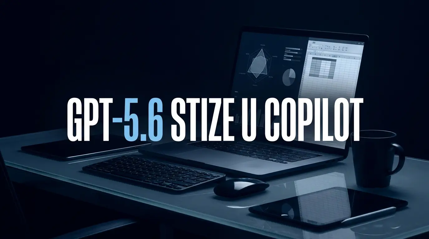 Poslovni laptop sa otvorenim Word i Excel prozorima i suptilnim AI simbolom asistenta, naslov GPT-5.6 stiže u Copilot