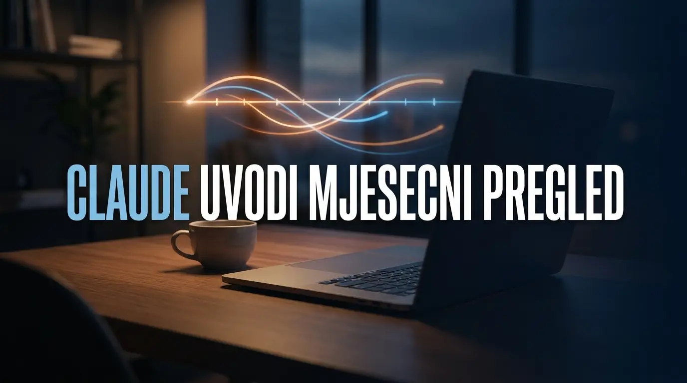 Miran radni sto sa laptopom, šoljom kafe i suptilnim prikazom vremenske linije, naslov Claude uvodi mjesečni pregled