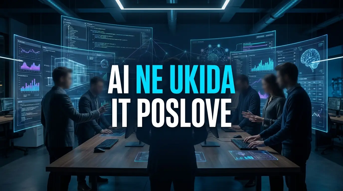 Inženjeri u modernoj kancelariji rade sa AI alatima na ekranima, ilustracija TCS ulaganja u vještačku inteligenciju.