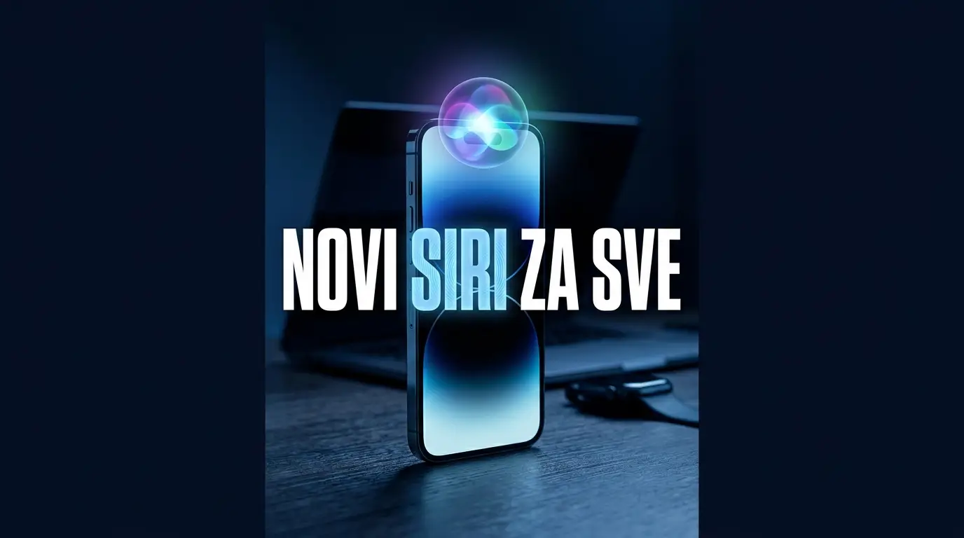 Ilustracija novog Siri AI asistenta, iPhone sa svijetlećom kuglom asistenta uz najavu javne bete iOS-a 27