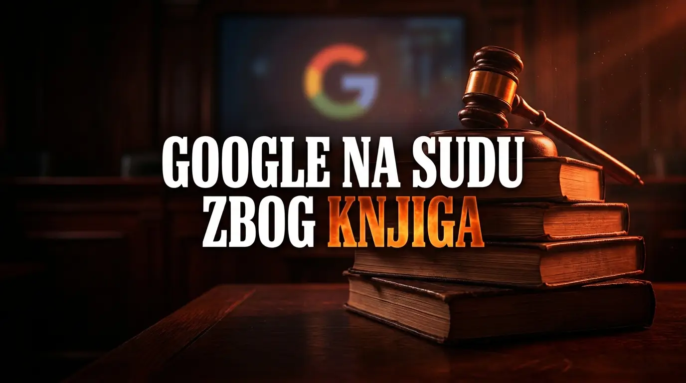 Ilustracija sudskog čekića na gomili knjiga uz tužbu izdavača protiv Google-a zbog AI treninga