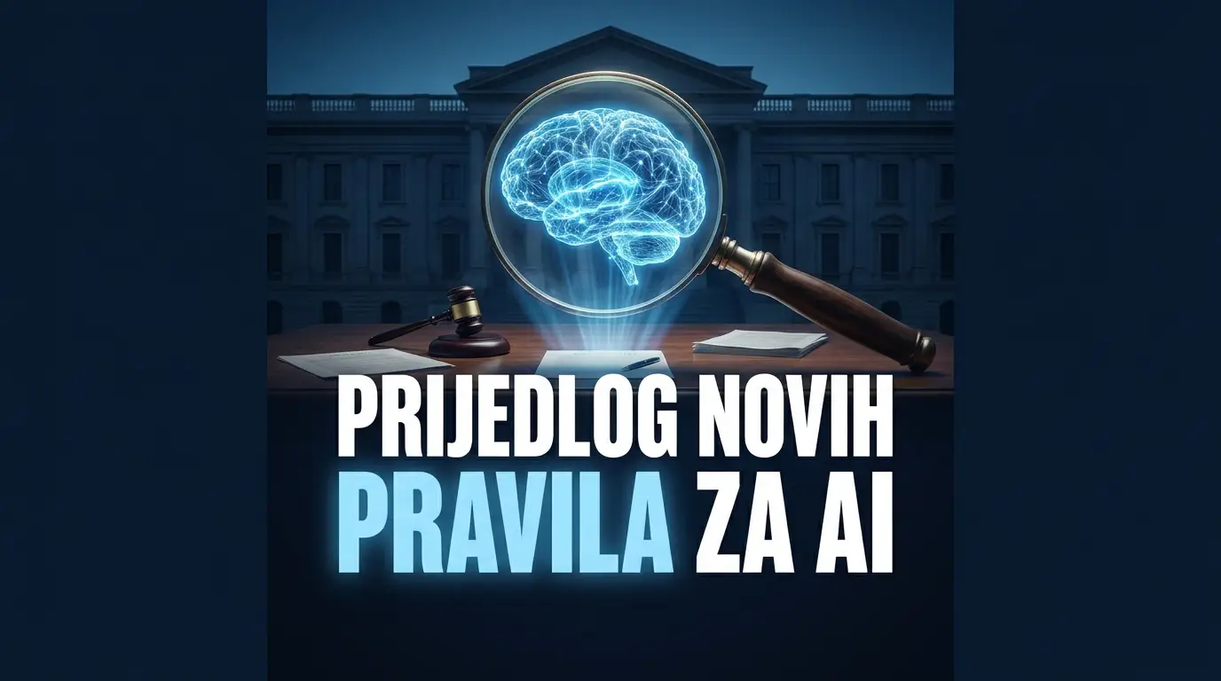 Ilustracija provjere AI modela, holografski mozak pod lupom uz prijedlog novih pravila za AI
