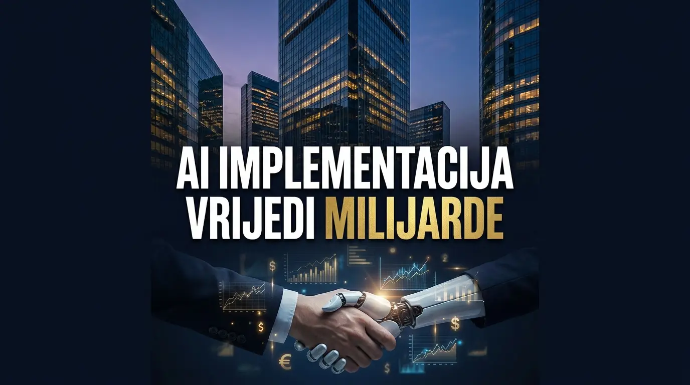 Poster sa natpisom AI implementacija vrijedi milijarde, poslovni neboderi u sumrak i rukovanje čovjeka i robota