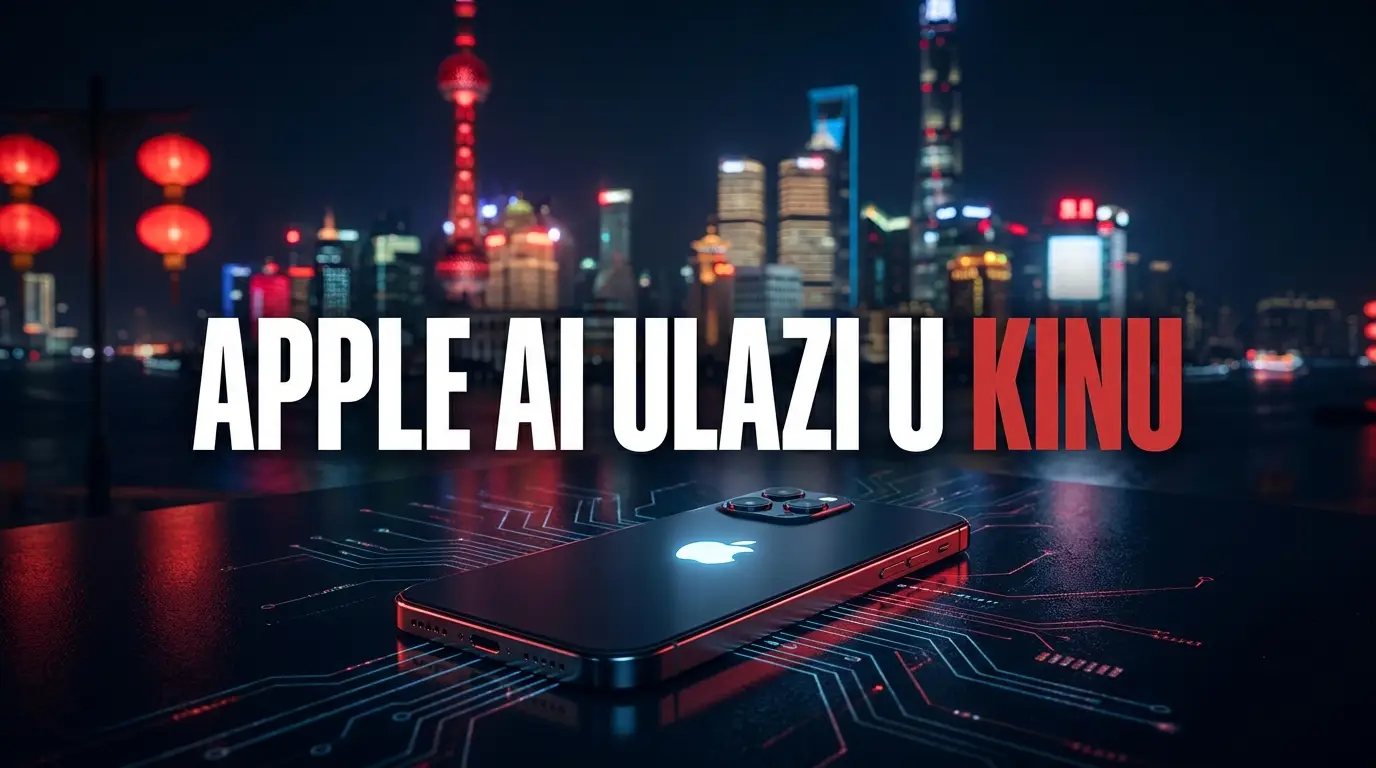 Poster sa natpisom Apple AI ulazi u Kinu, telefon sa Apple logom ispred noćne panorame Šangaja