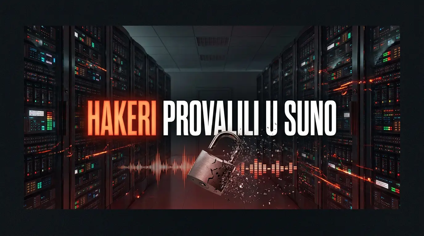 Poster sa natpisom hakeri provalili u Suno, tamna server sala sa slomljenim katancem i zvučnim talasima