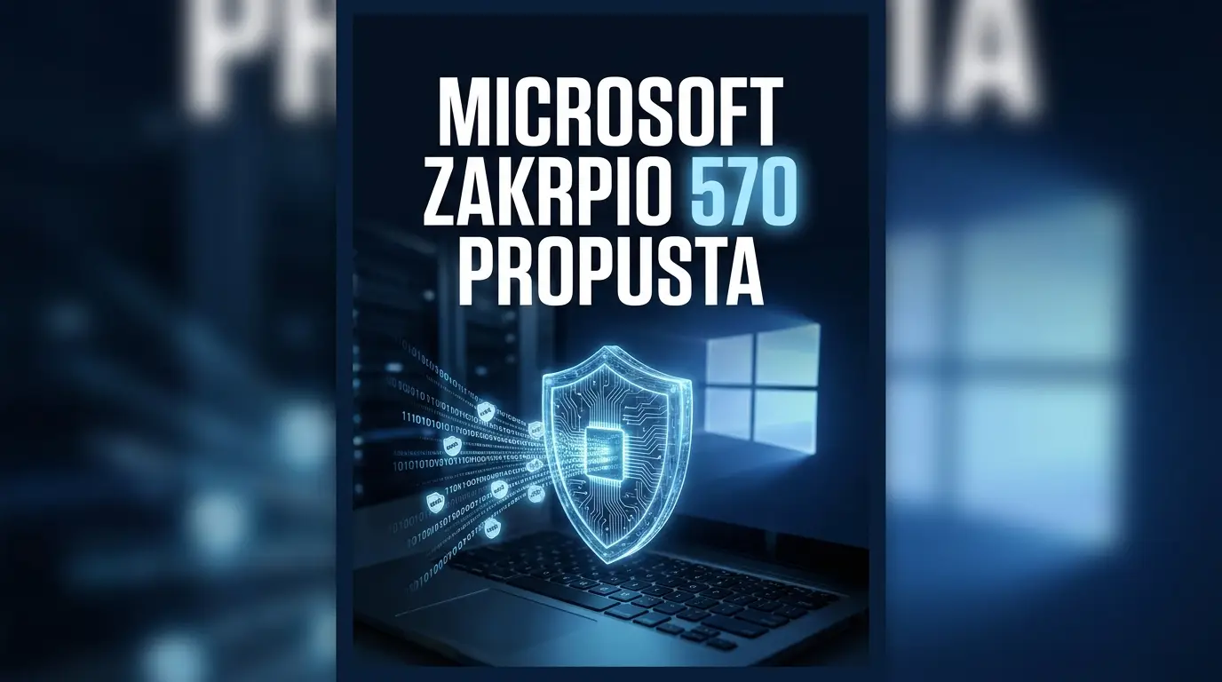 Poster sa natpisom Microsoft zakrpio 570 propusta, digitalni štit iznad tastature sa tokovima koda