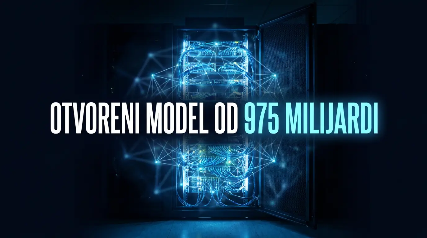 Poster sa natpisom Otvoreni model od 975 milijardi i scenom servera koji zrači svjetlosnom mrežom u plavim tonovima