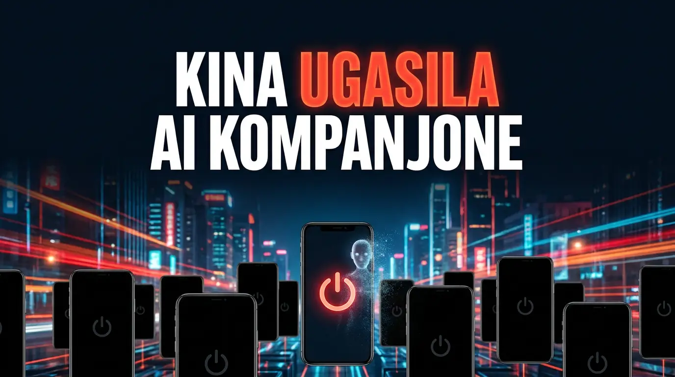 Poster sa natpisom Kina ugasila AI kompanjone i scenom ugašenih ekrana telefona u noćnom gradu, crveni akcenti