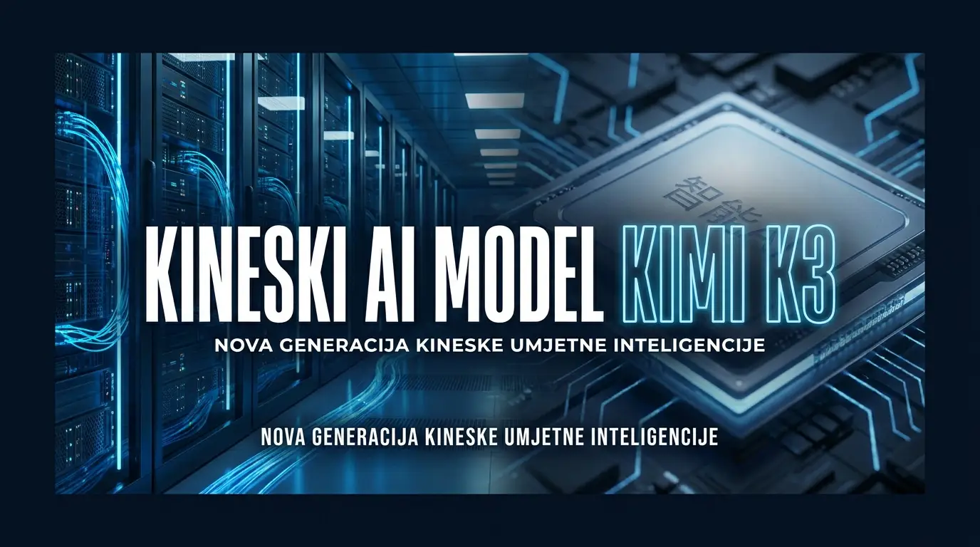 Kineski AI model Kimi K3 prikazan kao data centar sa serverima i procesorom u plavim tonovima.
