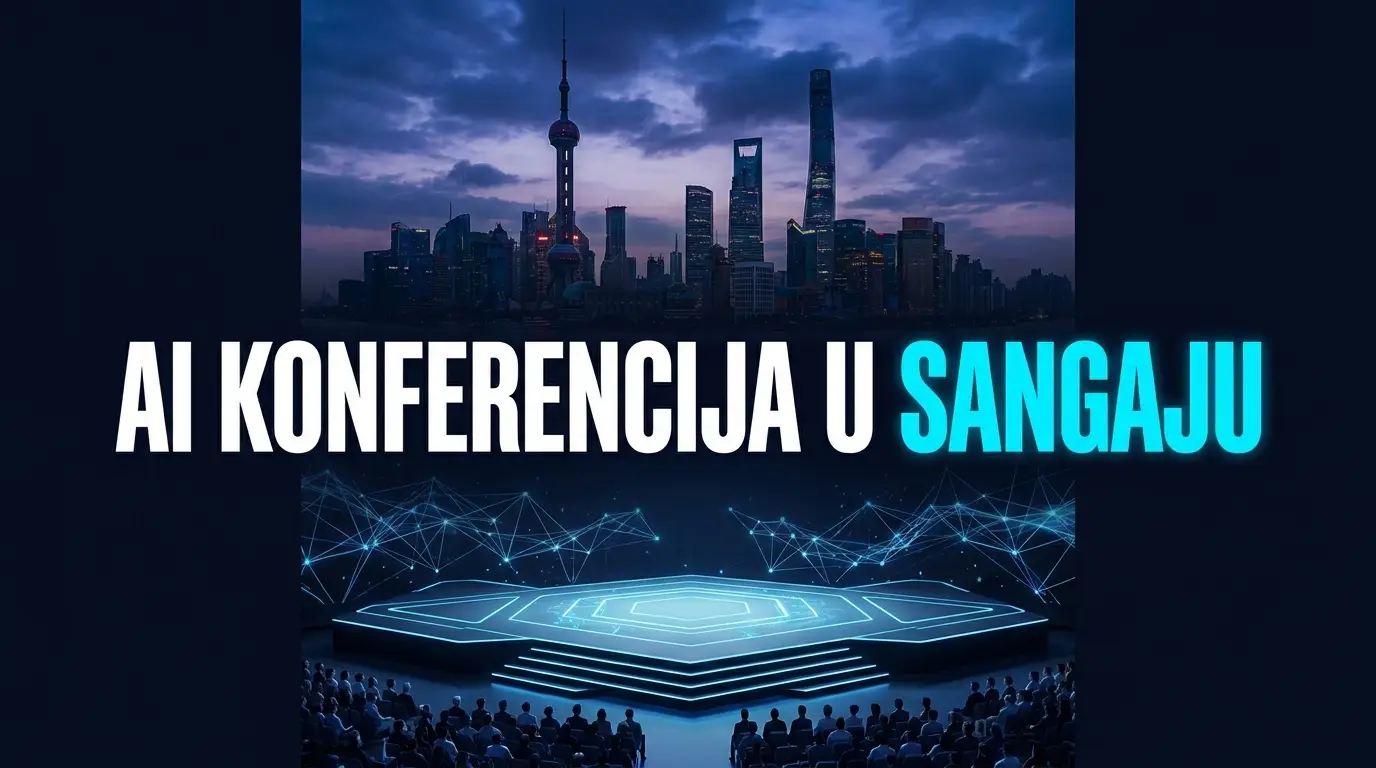 Silueta Šangaja i konferencijska scena, ilustracija Svjetske AI konferencije u plavim tonovima.