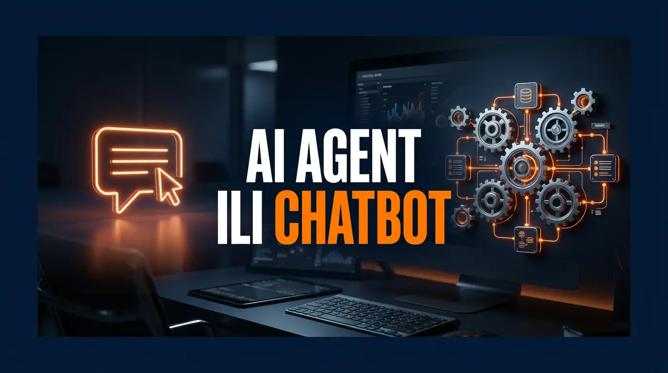 Ilustracija razlike izmedju AI agenta i chatbota, govorni oblacic i automatizovani tok na stolu.