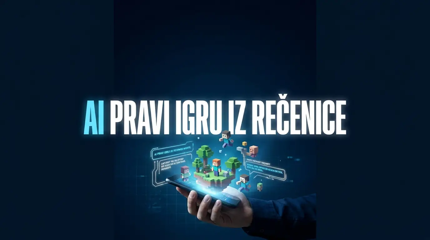 Ruka drži telefon iz kojeg izlazi blokovski 3D svijet igre, ilustracija Robloxovog AI alata za pravljenje igara.