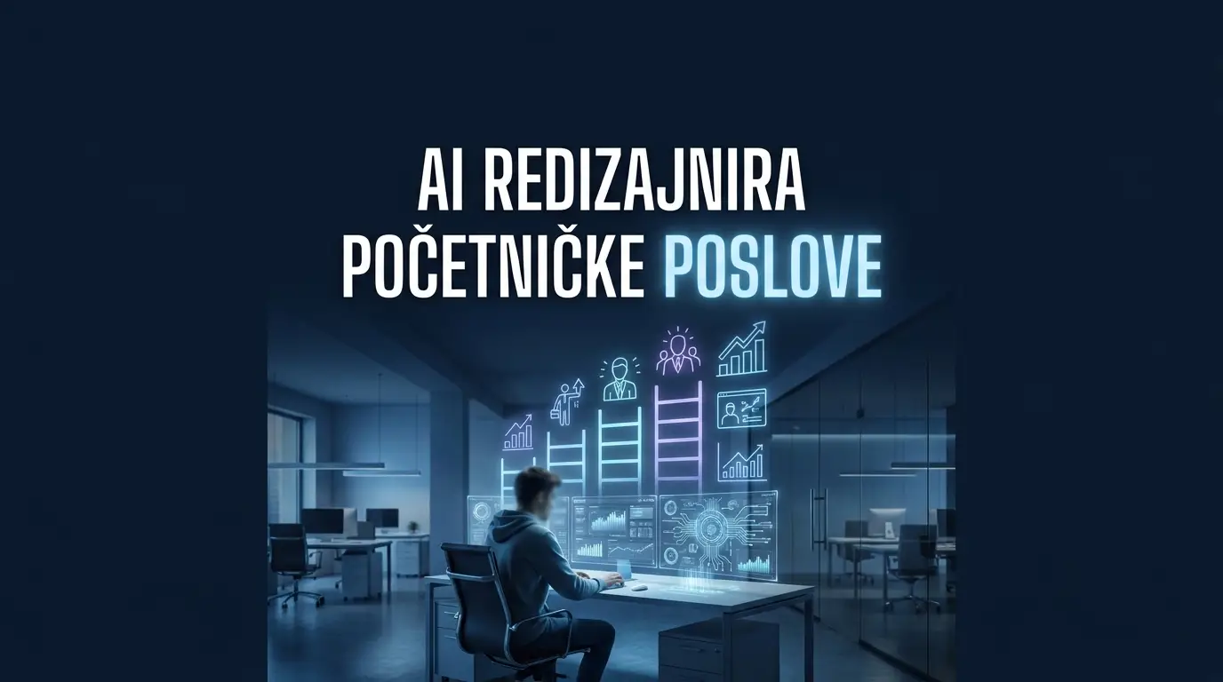 Poster: mladi zaposleni radi uz AI panele, ilustracija kako AI mijenja početničke poslove i traži senior vještine.