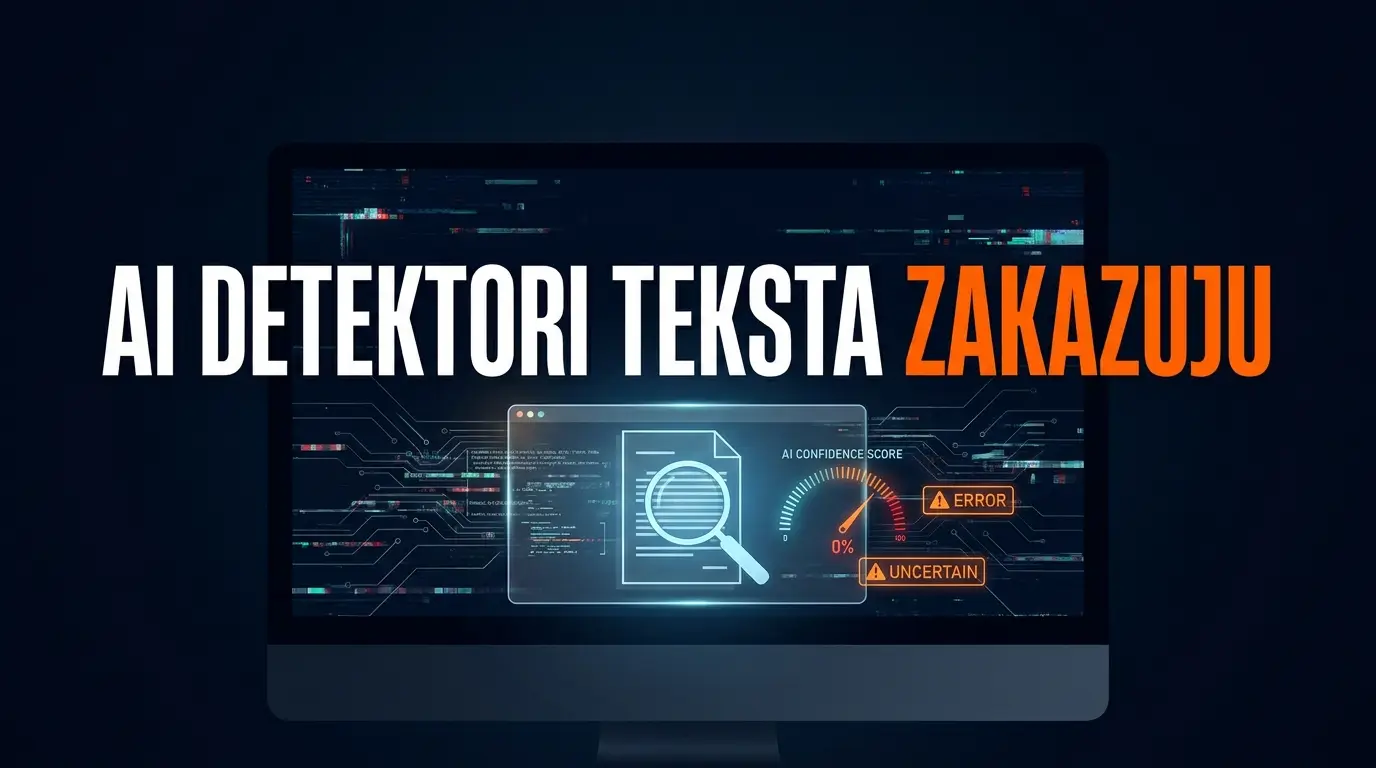 Poster: ekran sa AI detektorom teksta čija tačnost pada, ilustracija nepouzdanih alata za prepoznavanje AI teksta.