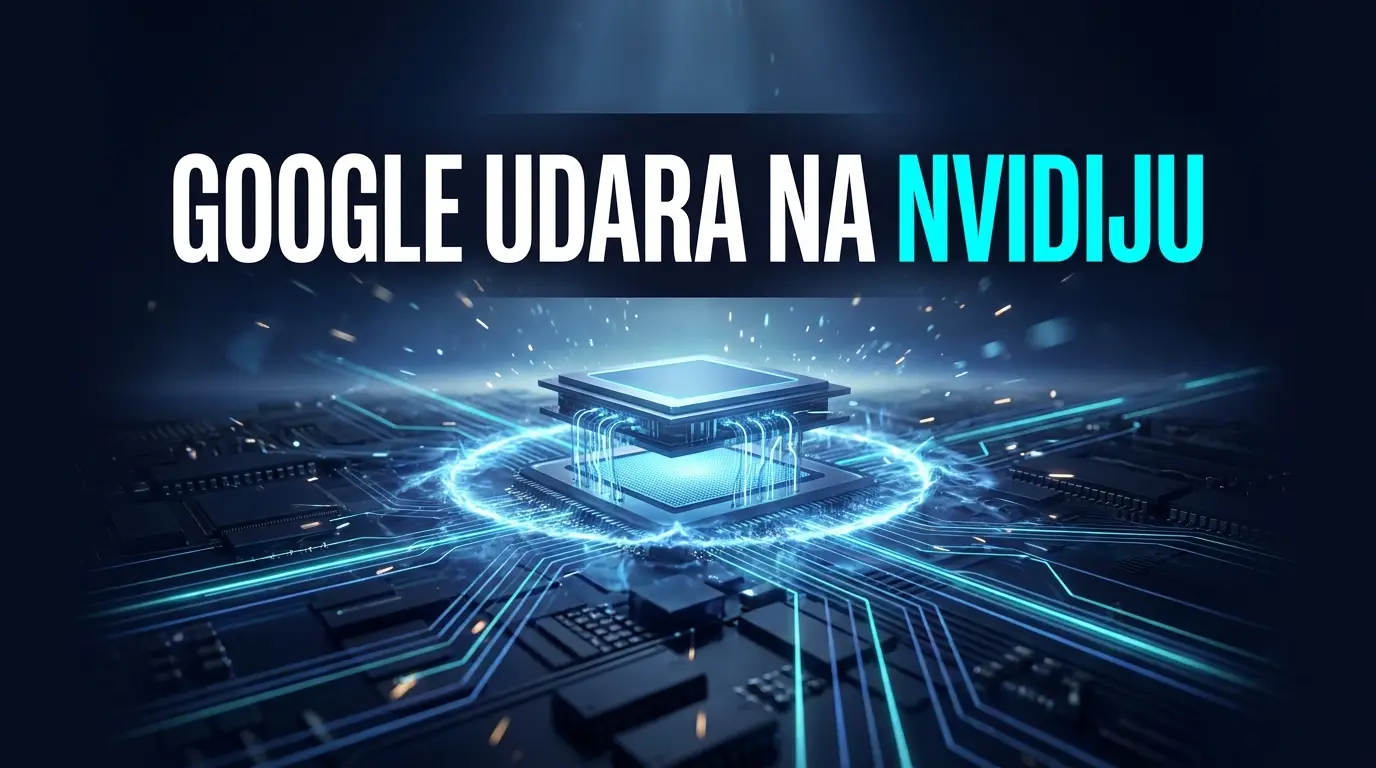Futuristički AI čip iznad matične ploče sa svjetlosnim tragovima, Google razvija čip Frozen v2.
