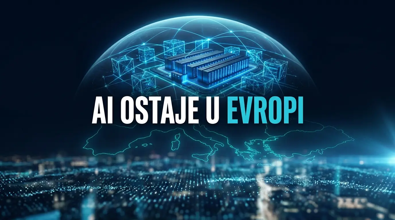 Kinematska ilustracija evropskog data centra pod zaštitnom kupolom, simbol suverenog AI oblaka.