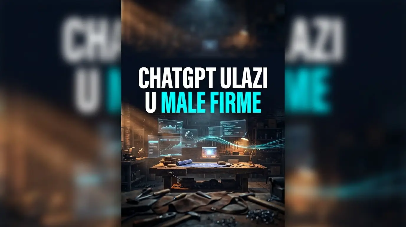 Radionica noću sa alatom na stolu i holografskim AI panelima u vazduhu, ChatGPT program za male firme.