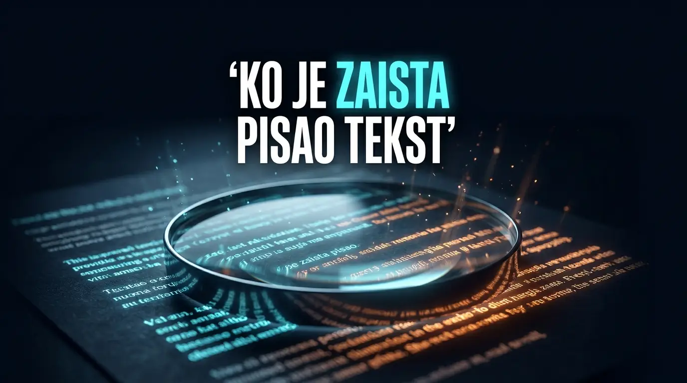 Lupa iznad redova teksta koji svijetle plavo i narandžasto, ilustracija detekcije AI teksta na Substacku.