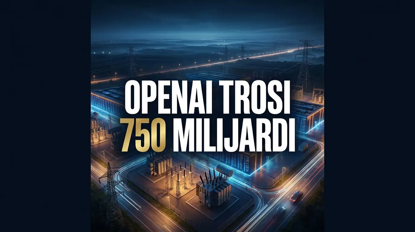 Poster o OpenAI ulaganju od 750 milijardi dolara u AI data centre, cifra u zlatnoj boji.