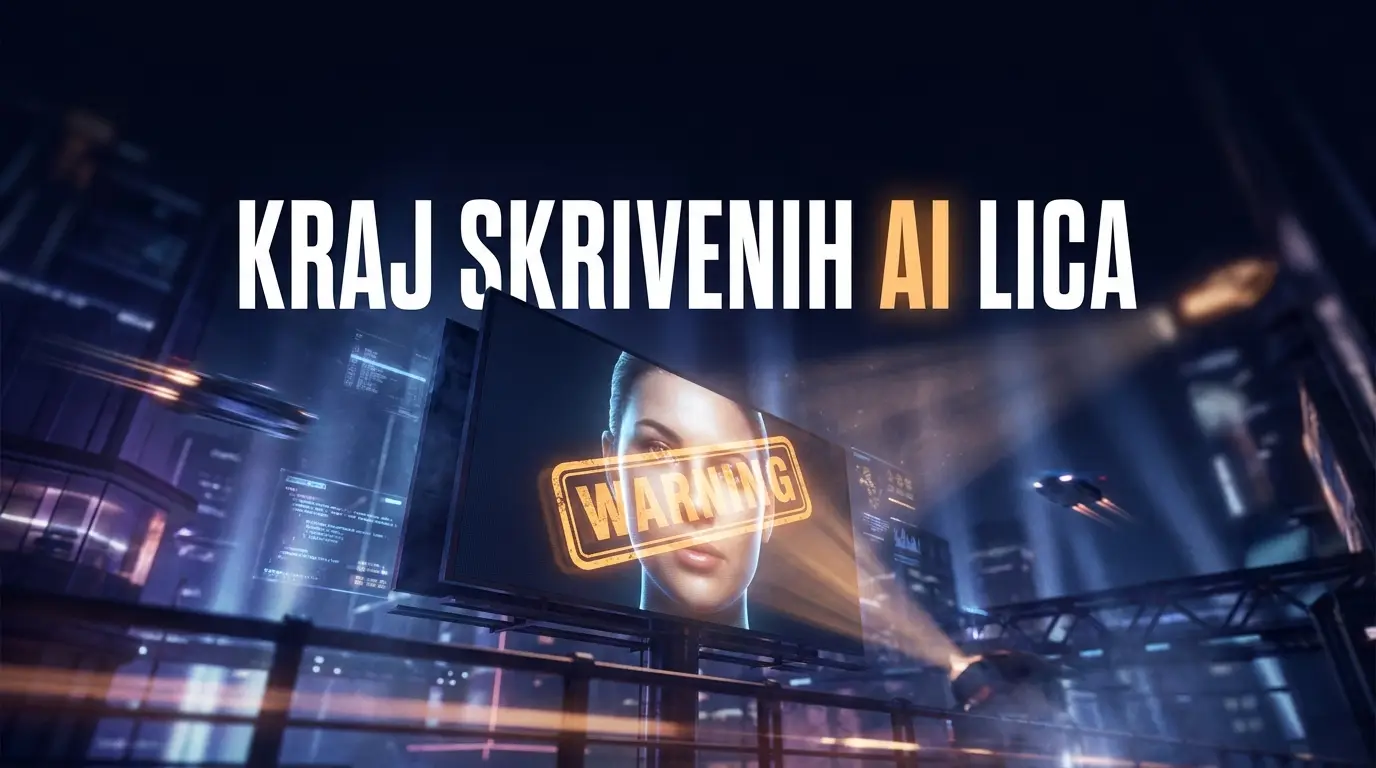 Poster o obavezi da se AI lica u reklamama označe, naslov na tamnoj kinematskoj sceni.