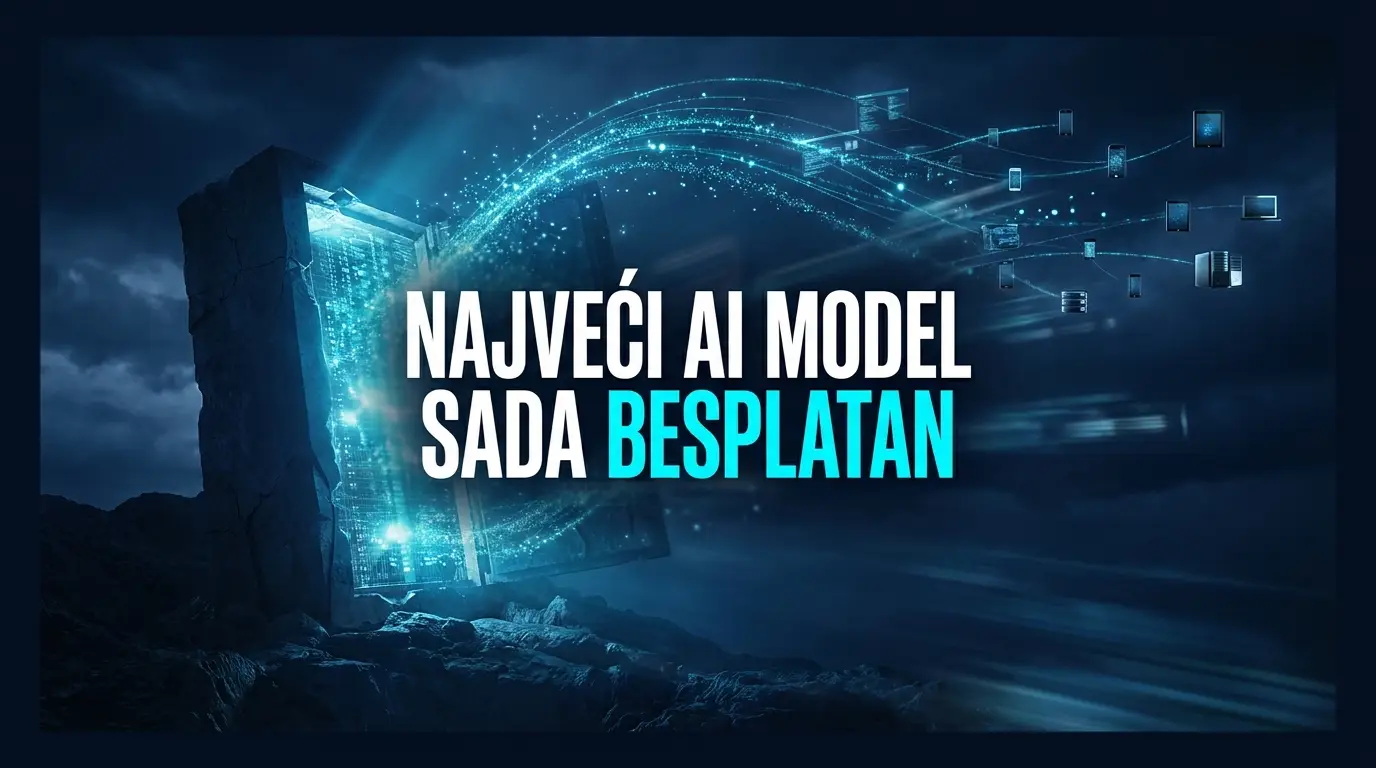 Ogroman svijetleći AI trezor iz kojeg teku podaci ka uređajima, uz natpis o besplatnom otvorenom AI modelu.