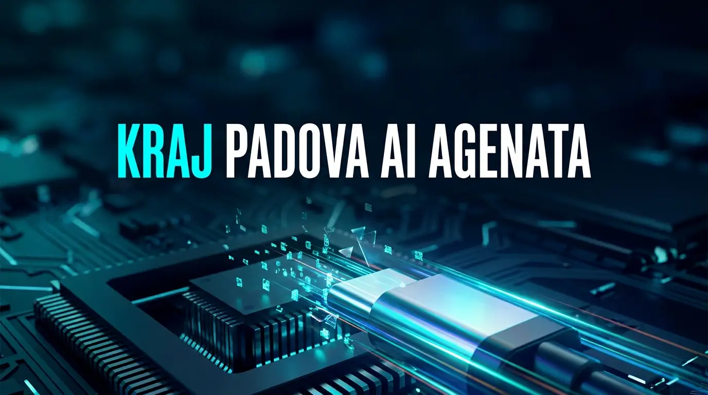 Poster o najvećoj izmjeni MCP standarda za AI agente, u pozadini makro snimak konektora sa strujanjem podataka