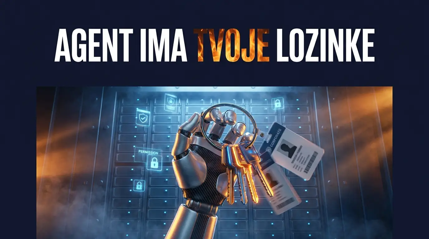 Poster o kontroli AI agenata u firmi, u pozadini robotska ruka koja drži svežanj ključeva ispred trezora podataka