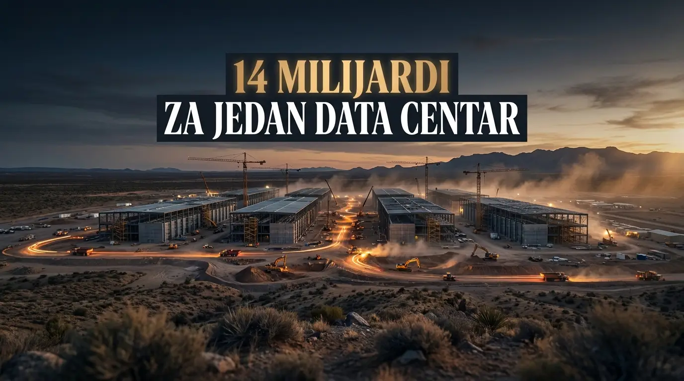Kampus data centra u izgradnji snimljen iz vazduha, uz naslov o ulaganju od 14 milijardi dolara